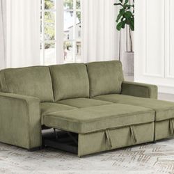 Brand New Super Plush Green Corduroy Sectional Sofa Storage Sleeper