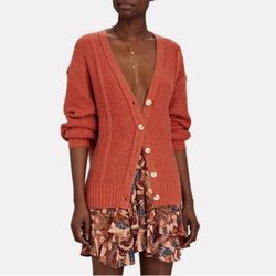 Staud Blake oversized cable knit cardigan sweater in rust size M medium $315