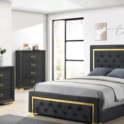 Pepe Black/Gold Panel Upholstered Bedroom Set