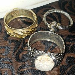 X3 VINTAGE WHITING AND DAVIS GOLD SILVER TONE METAL LEAF M AGATE  HEART CUFF BRACELET BANGLE LOT