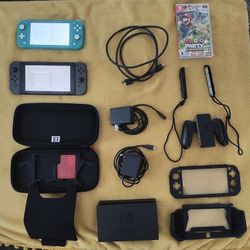 Switch 1 With Carrier, Joycons, Dock, And Power Supply. Switch 1 Lite With Protective Screen And Hard case. Mario Party Superstars Included.