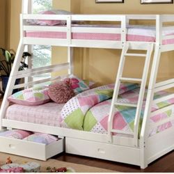 Brand New White Twin Over Full Bunk Bed w Trundle Drawers 