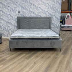 Gray Velvet Fabric Platform Bedframe With LED Lights