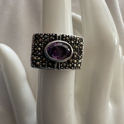 Vintage Heavy Solid Sterling, Marcasite & Amethyst Ring, size 6 