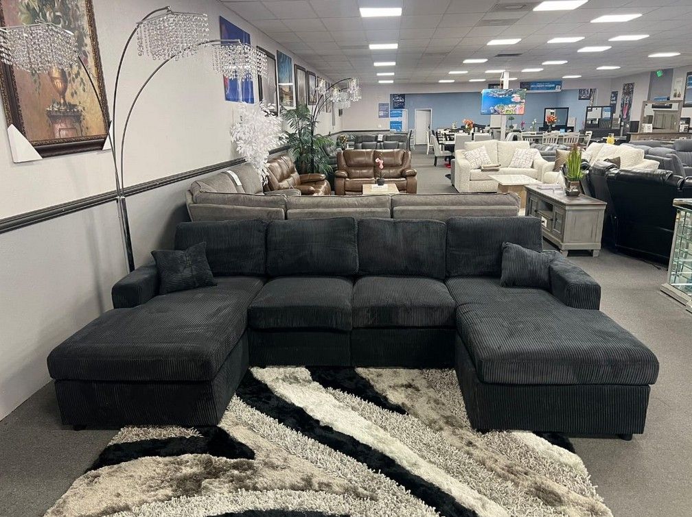 Black corduroy double chaise sectional sofa