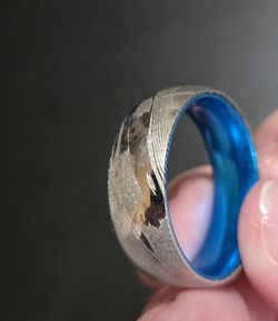 Damascus Steel Ring With Blue Inlay 