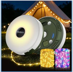 Camping String Lights Rechargeable, 32.8ft Retractable String Lights, Waterproof Indoor/Outdoor Use, 8 Modes, 4-in-1 Quick Storage Portable Lamp, Suit