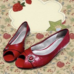 Red peep toe kitten heels with silver buckle detail