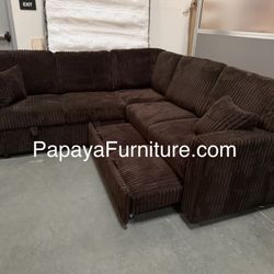 New! Dark Brown Sectional Sofa Bed, Sleeper spa, Plush Corduroy Sectional Sofa, Sofabed, Sofa Bed, Sectional Sofa With Pull-out Bed And Storage USB . 