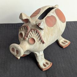 1970s Piggy Bank Glazed Stoneware Clay Pig Bank/ Flower Frog/ Pencil Holder Folk