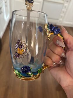 Decorative Glass Mug with Enamel Butterfly and Floral Frame