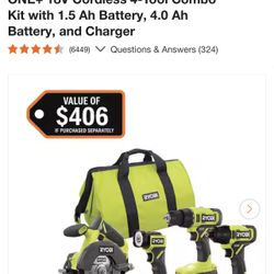 RYOBI ONE+ 18V Cordless 4-Tool Combo Kit with 1.5 Ah Battery, 4.0 Ah Battery, and Charger