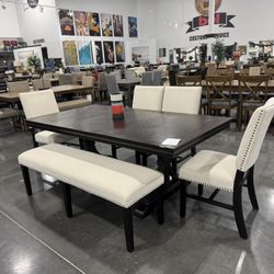 6 PIECE DINING ROOM SET. Includes: Dining table, 6 Dining chairs, 1 bench.