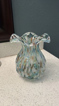 Vintage Hand Blown Glass Confetti Speckled Ruffle Top Murano Glass Vase