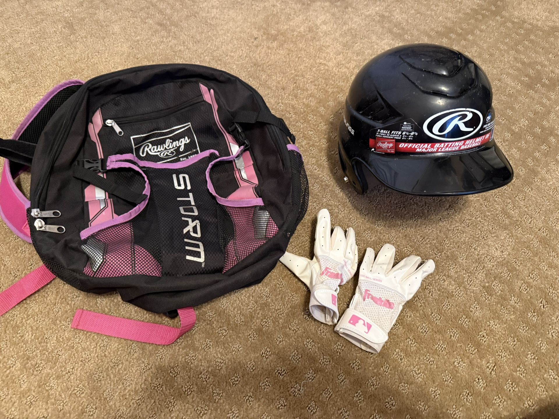 Girls TBall Bag, Batting Gloves And Helmet