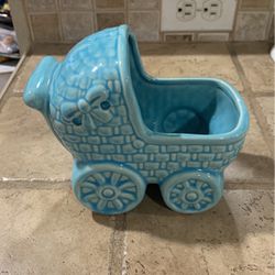 Vintage Pottery Blue Baby Stroller Nursery Vase Planter