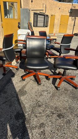 Black Leather Office Chair with Wood Base