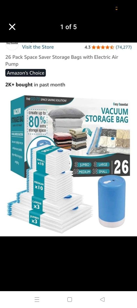 New unopen.
Vacuum Storage Bags with Electric Pump, 26 Pack (3 Jumbo/3 Large/10 Medium/10 Small) Vacuum Seal Space Saver Bags for Clothing, Pillows,