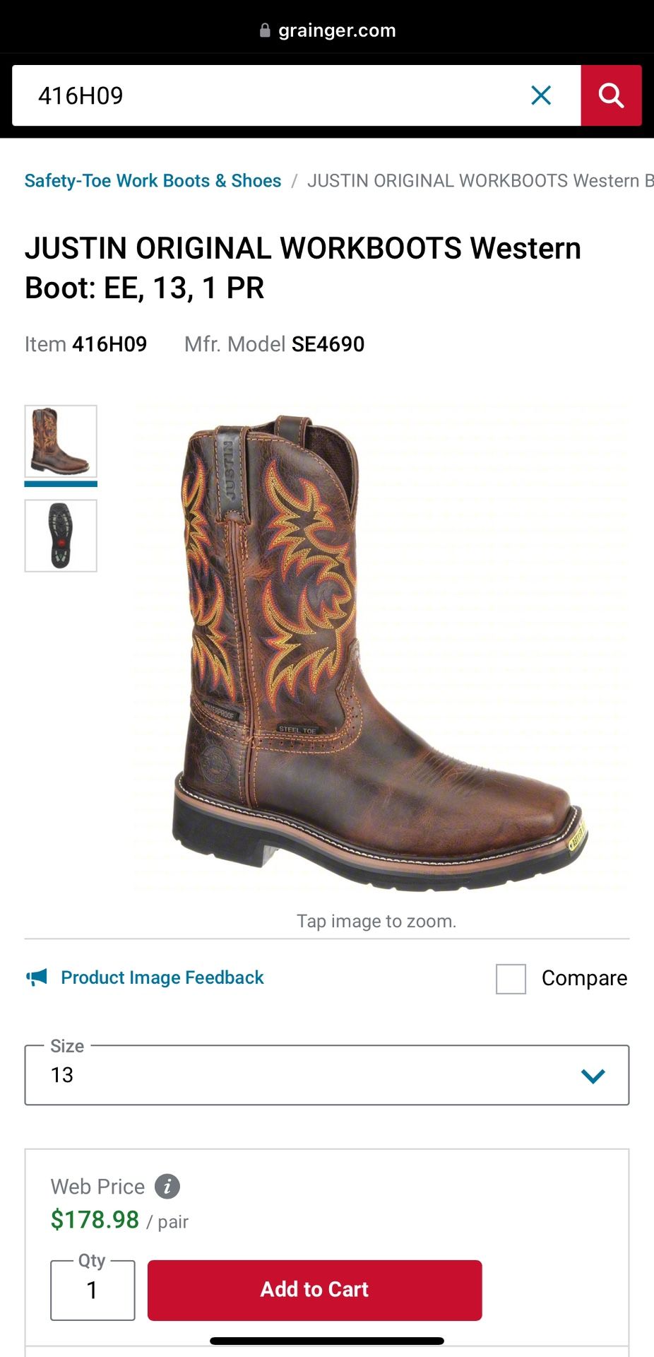 Justin Original Steel Toe Work Boots Western