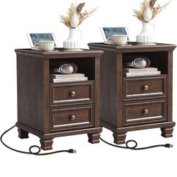 Farmhouse Nightstand Set of 2 with Charging Station, Rustic Brown Nightstand,2 Drawers End Table for Living Room,Bedside Table with Open Shelf for Bed
