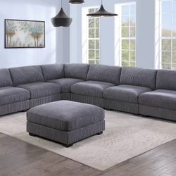 XL Gray Corduroy Sectional Sofa With Ottoman