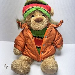 2005 Eddie Bauer Tan Plush Teddy Bear Wearing Orange Down Jacket & Knit Ski Hat