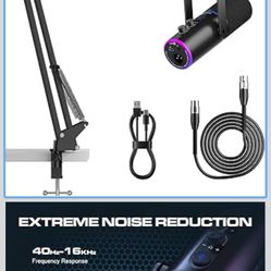 XLR/USB Podcast Microphone, Gaming Mic with Mute Button, Reverb Effects, Noise Cancellation, Boom Arm Stand, Headphones Jack, Dynamic Microphone for S