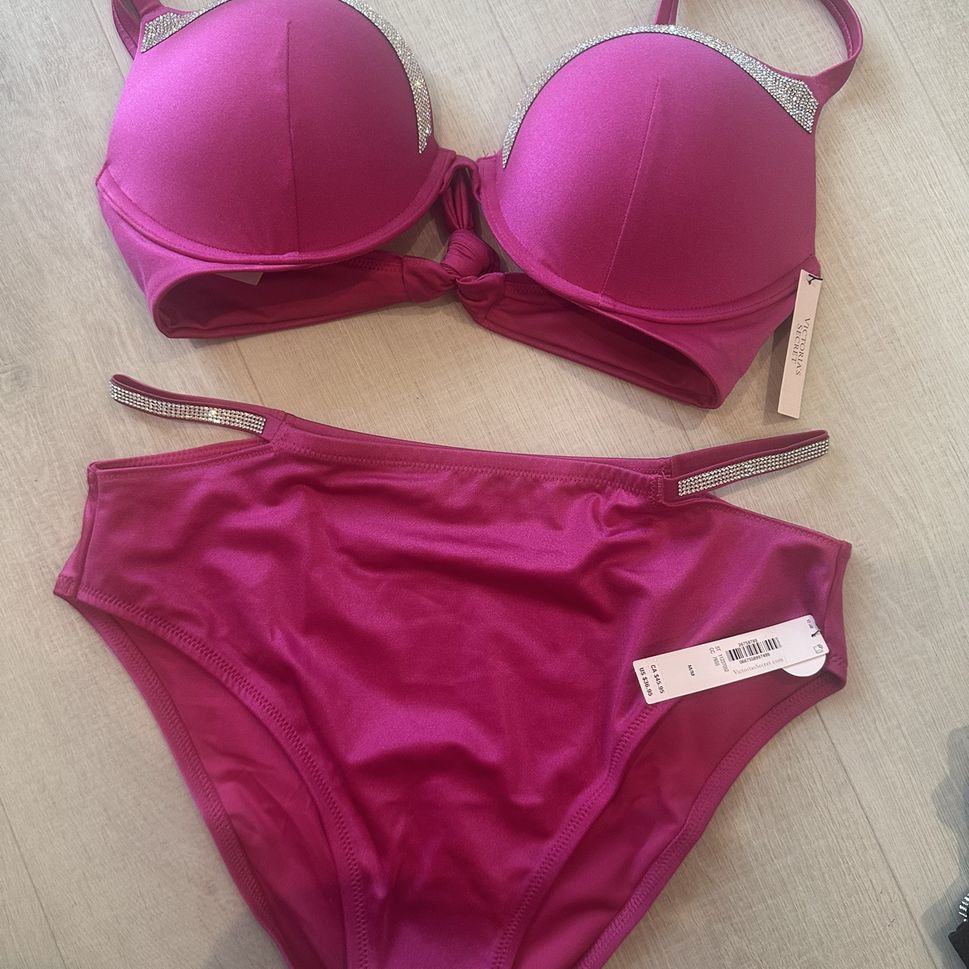 New— Very Sexy Shine Trim Push-Up Bikini Top 32DD & Swim Bottoms Size M With tags