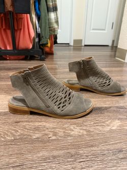 Diba Taupe Laser-Cut Peep-Toe Ankle Mules