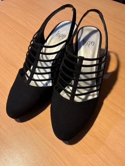 IMPO Black Pointed-Toe Cage Slingback Heels