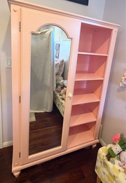 Beautiful Blush Pink Mirrored Armoire / Wardrobe with Shelving