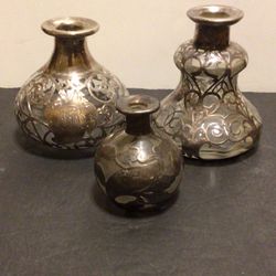 Vintage Sterling Silver On Glass Set