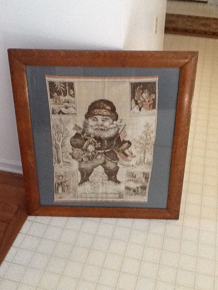 Rare Framed Cloth Banner 1868 Edward Pecks Patriotic Santa And 4 Christmas Scenes