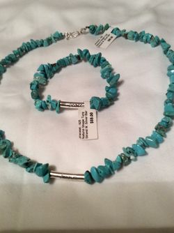 Genuine turquoise nugget necklace and bracelet 925 silver bar PEACE and clasp