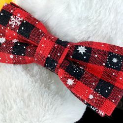 Holiday Red and Black Plaid Adjustable Bowtie Collar with White Snowflake print $15