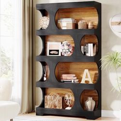 71" Tall Bookcase, 4-Tier S-Shaped Bookshelf, Decorative Storage Shelving, Black & Brown