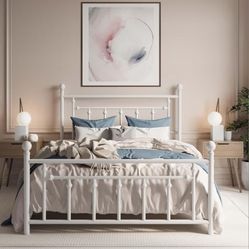 Queen Size Metal Platform Bed Frame Victorian Headboard and Footboard Steel Slats Mattress Foundation, White