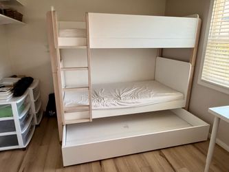 Babyletto Twin Bunk Bed + Trundle, 2 Mattresses & Bedding
