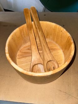 Wooden Salad Bowl with Serving Utensils