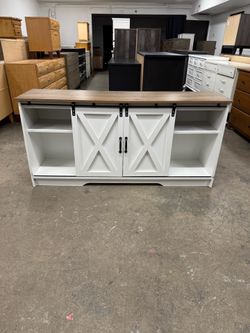 Rustic Farmhouse White Tv Stand with Rolling Doors / Buffet / Sideboard