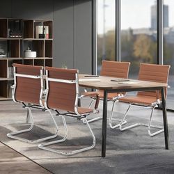 1686d  Office Reception Guest Chair with Arms Set of 4 PU Leather Stationary Waiting Room Chairs Conference Reception Room Chair No Wheels Metal Sled 