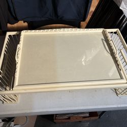 Vintage wood bed tray, made of wood, with glass top and some wicker.