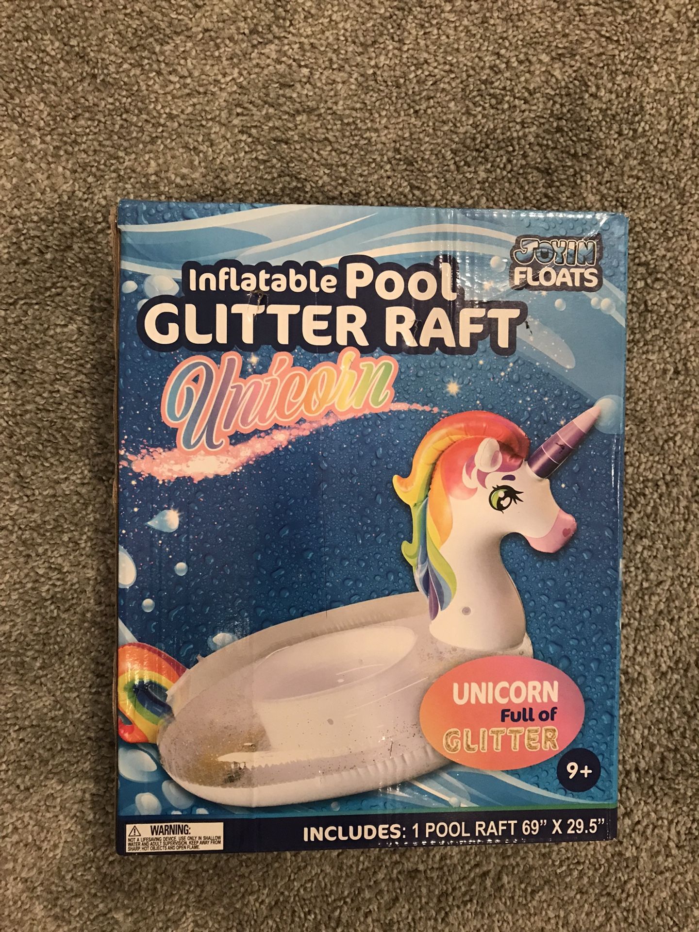Brand New Inflatable pool Glitter Raft unicorn 69” X 29.5”