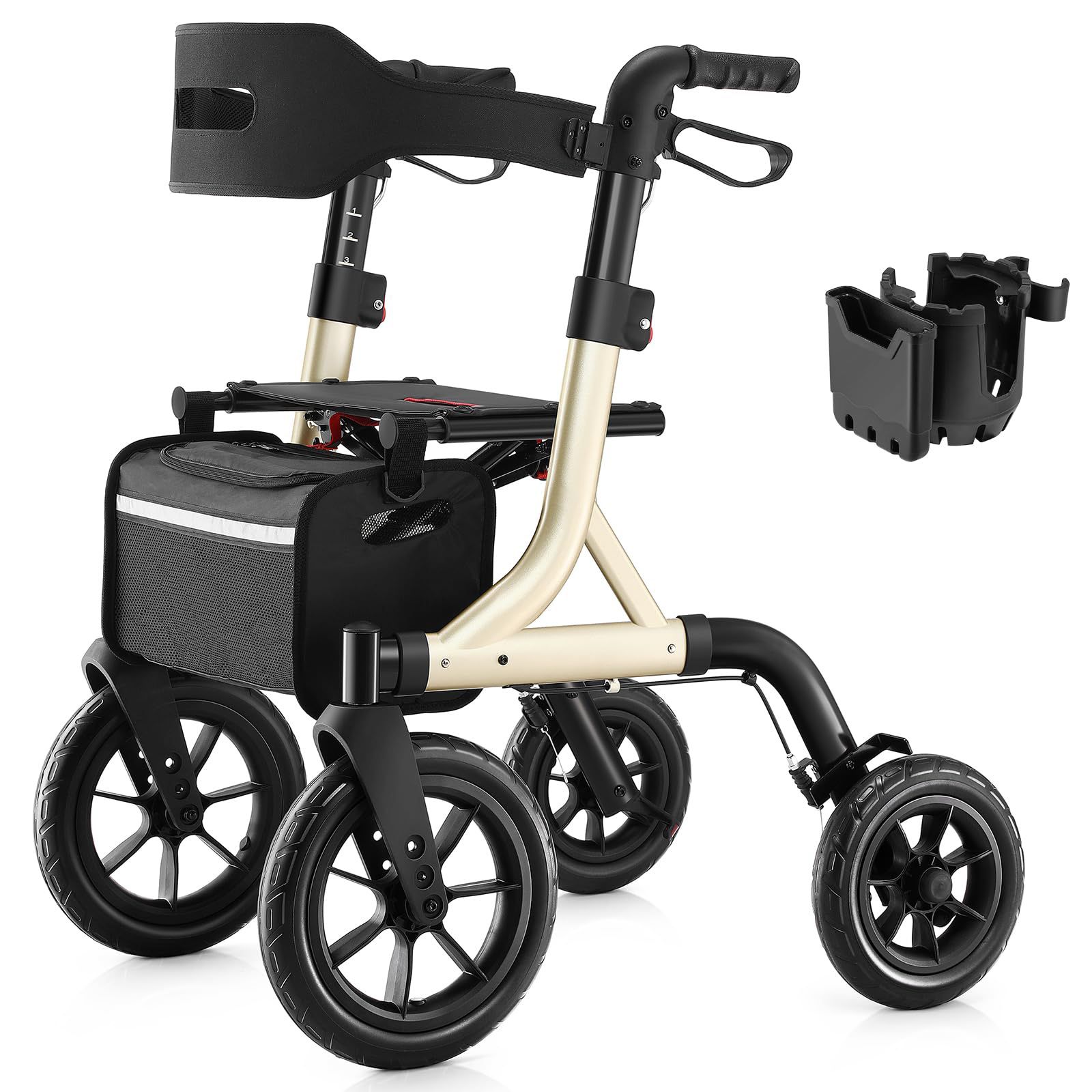 MAXWALK Walker for Seniors, Rollator Walker with Seat, 12" Big Rubber Wheels All Terrain Rollator Walker with Backrest, Built-in Cable, Cup Holder, Fo