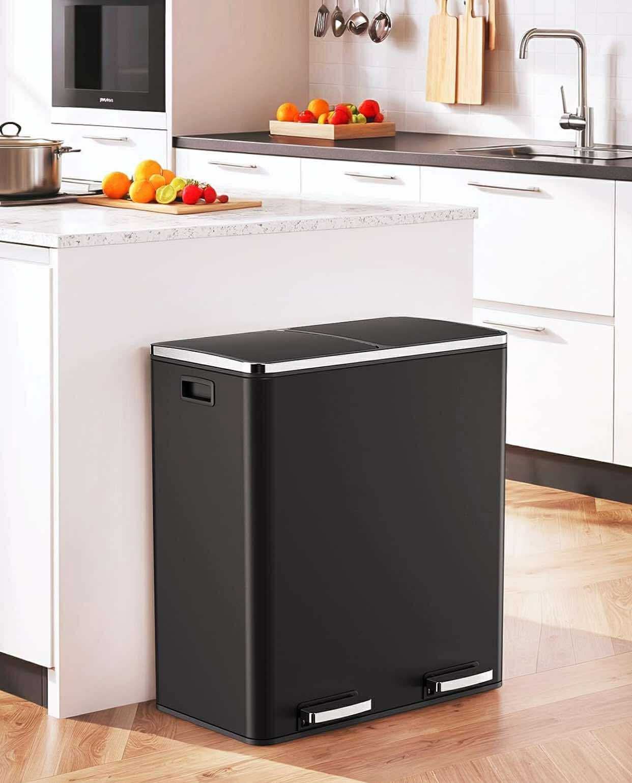 60L(16 Gal) Dual Trash Can, Stainless Steel Kitchen Garbage Can, Double Compartment Classified Rubbish Bin, Recycle Dustbin w/Plastic Inner Buckets, S