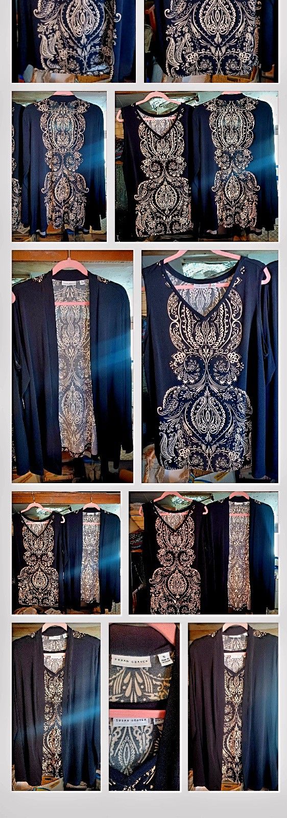 Womens Xl Owl Geometric Business Casual Sleevless Blouse + Matching Long Sleave Cardigan New