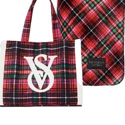 Victoria’s secret Plaid Tote Bag + Blanket Brand New 