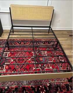 Queen Bed Frame - Black Metal / Rattan Headboard