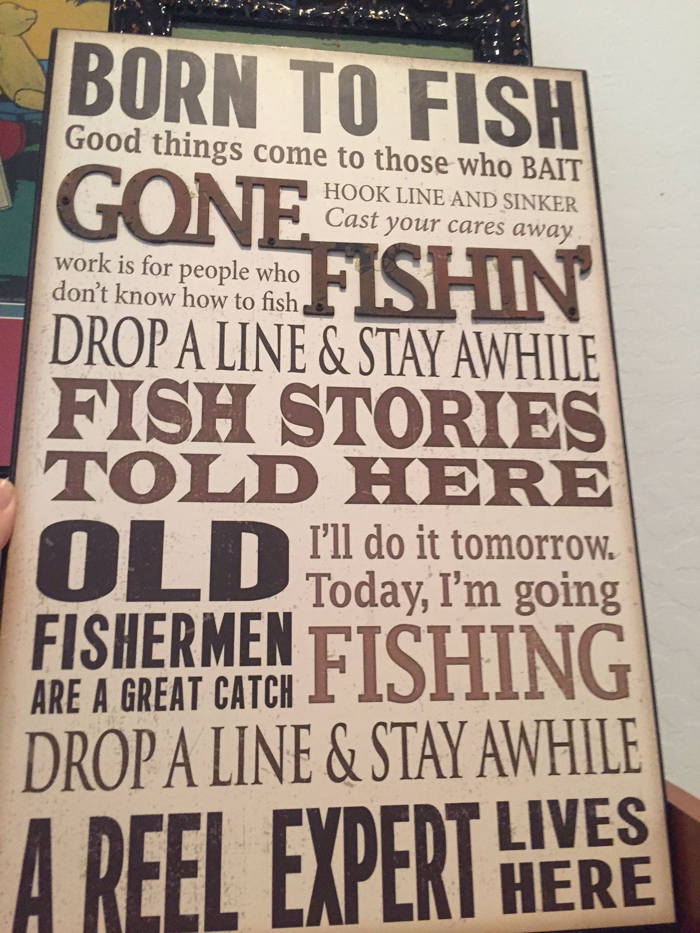 Fishing art picture with metal overlay letters. Man cave