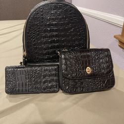 American Bee Black Leather Backpack, Handbag And Leather Wallet